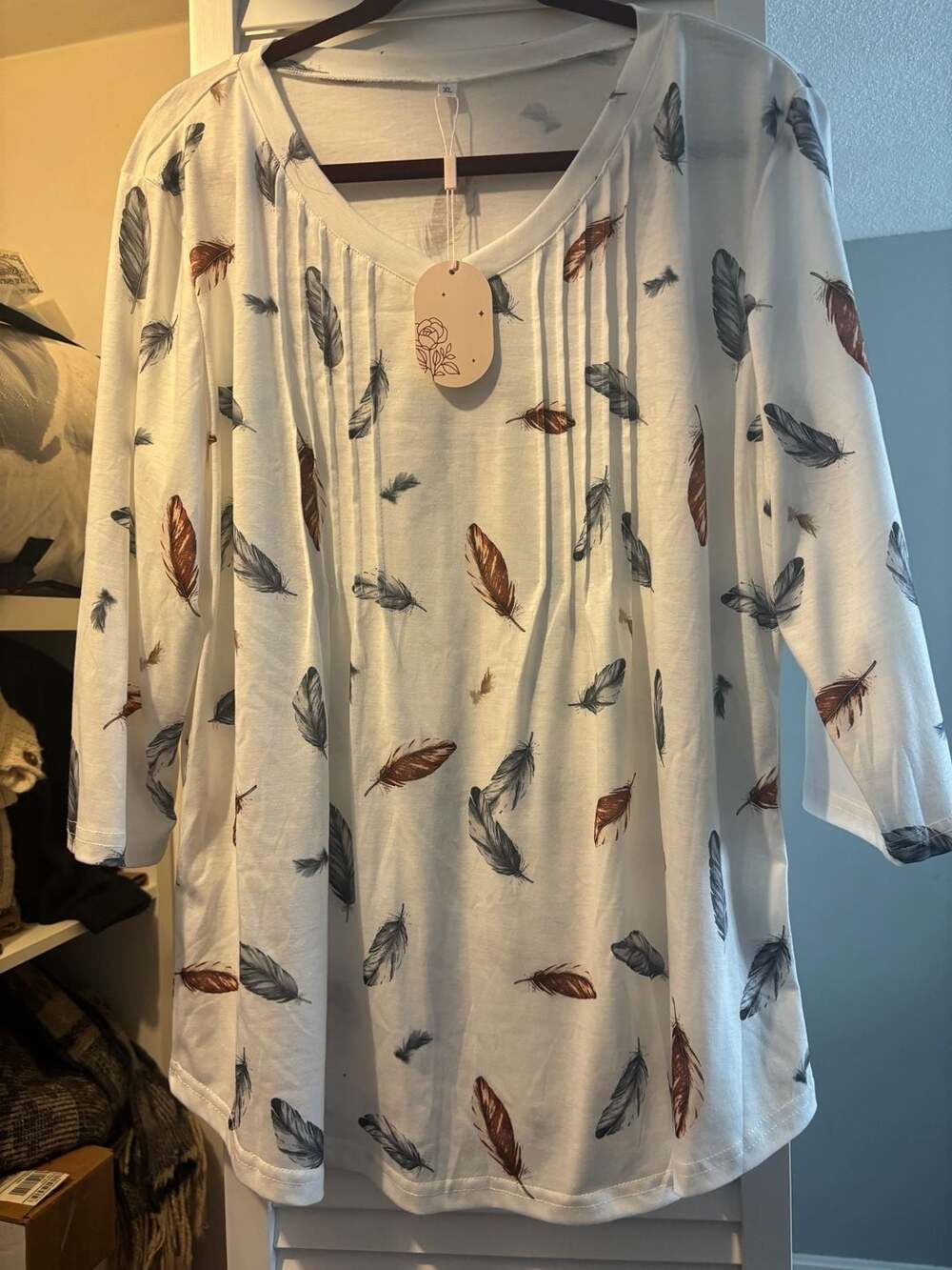 Womens Feather Print 3/4 Sleeve Pleated Casual Loose Top White XL